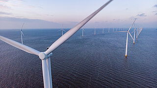 Offshore wind park with several wind turbines in the ocean.