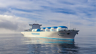 Large hydrogen-powered ship in the open ocean transporting tanks of liquid hydrogen.